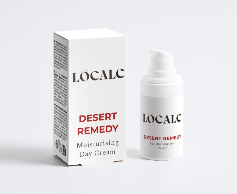 LOCALE Desert Remedy moisturizing day cream bottle and packaging on a white background